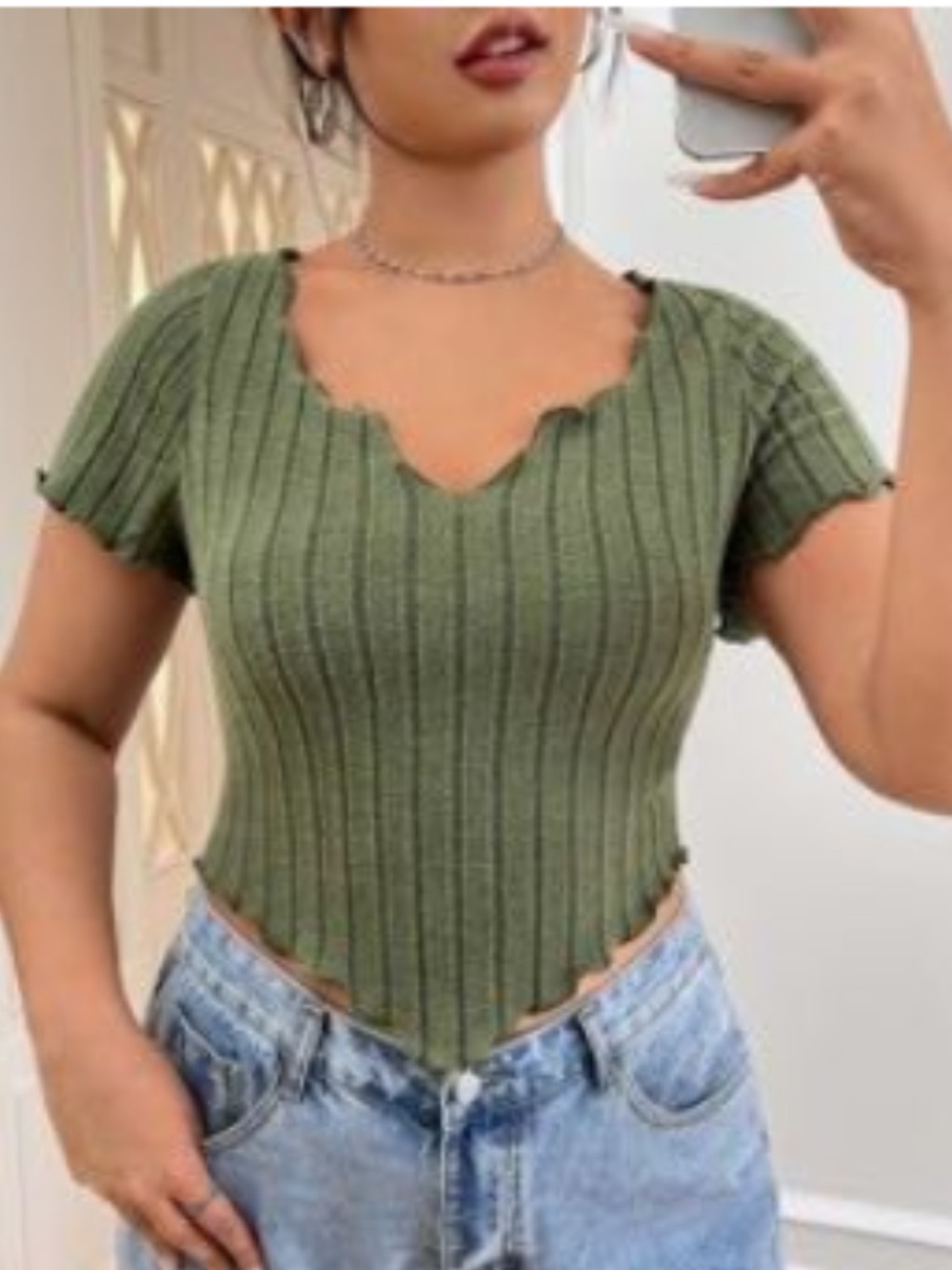Olive Ribbed V-Neck Crop Top